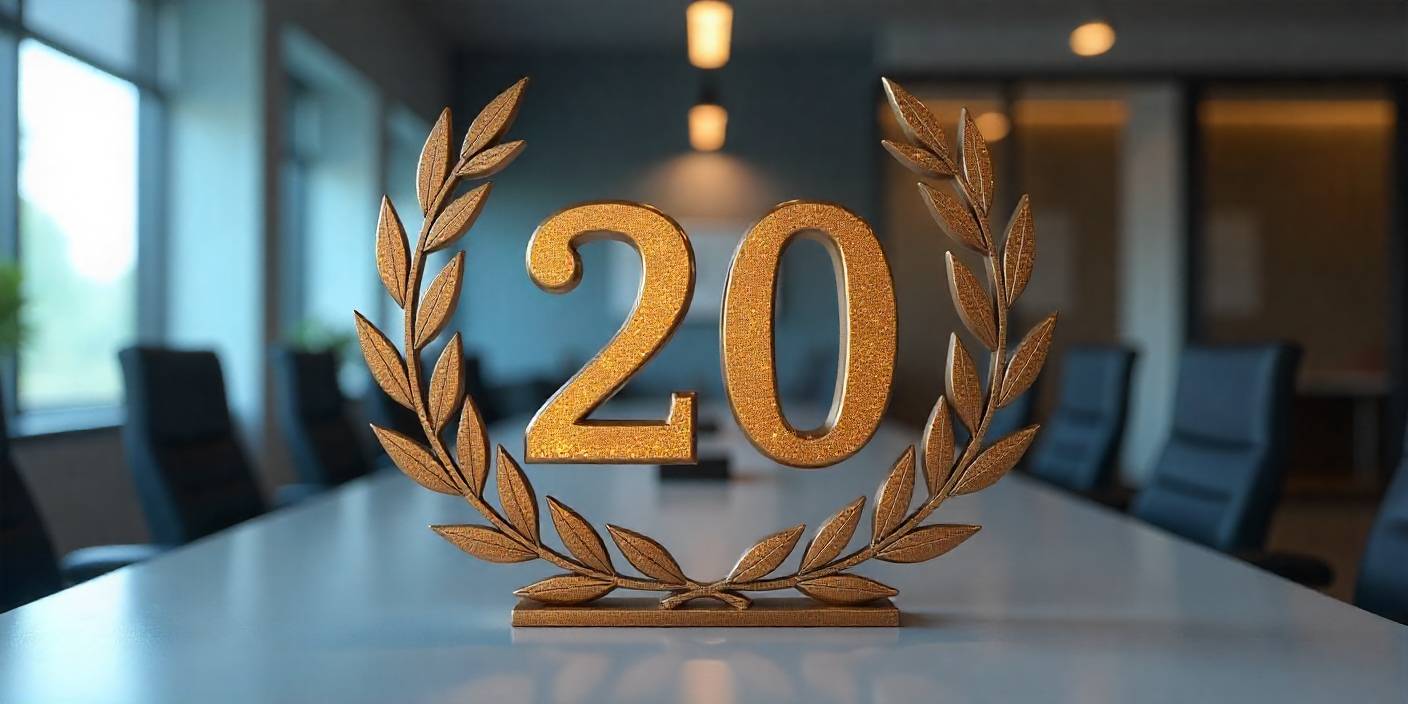 Metallic number 20 anniversary image with laurel wreath.