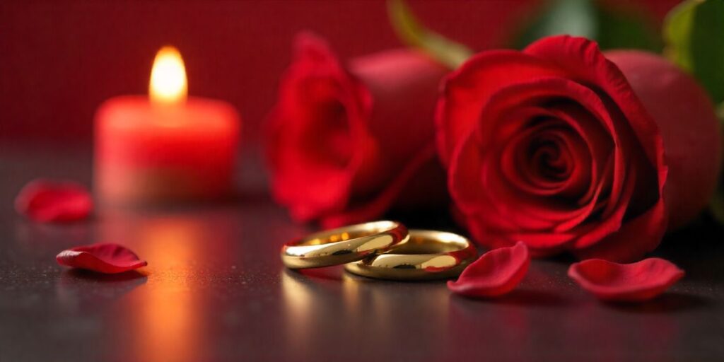 Heartwarming 40th Wedding Anniversary Wishes Ruby 40th anniversary image with gold rings and red roses.