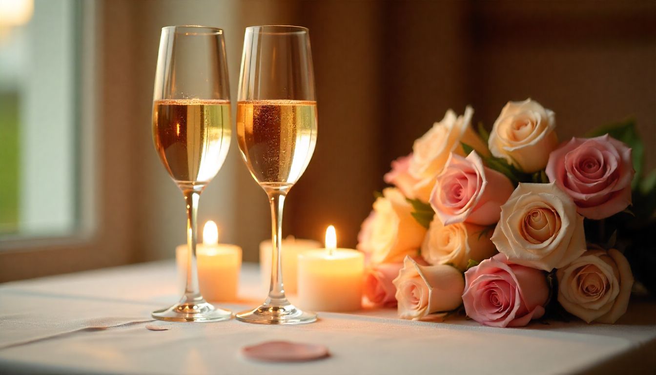 Champagne glasses and candles arranged for anniversary celebration.