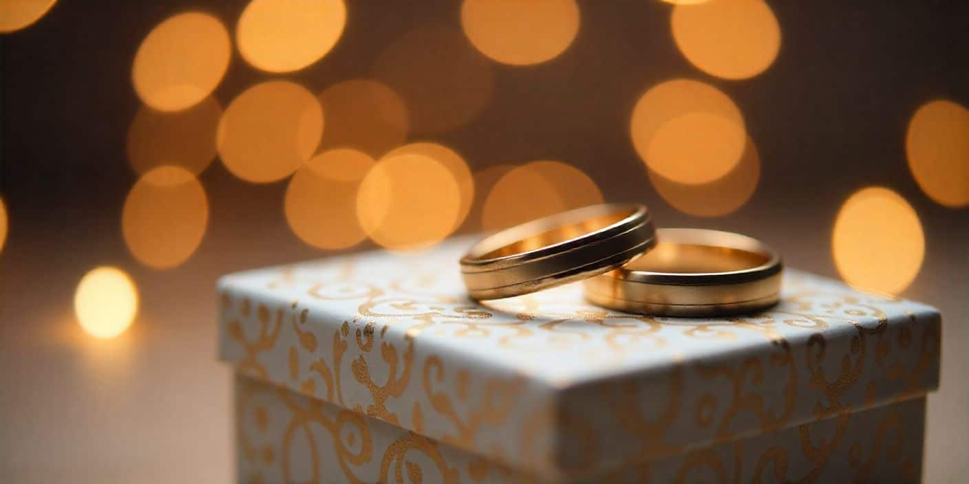 Wedding rings on decorative box symbolizing love and anniversary celebration.