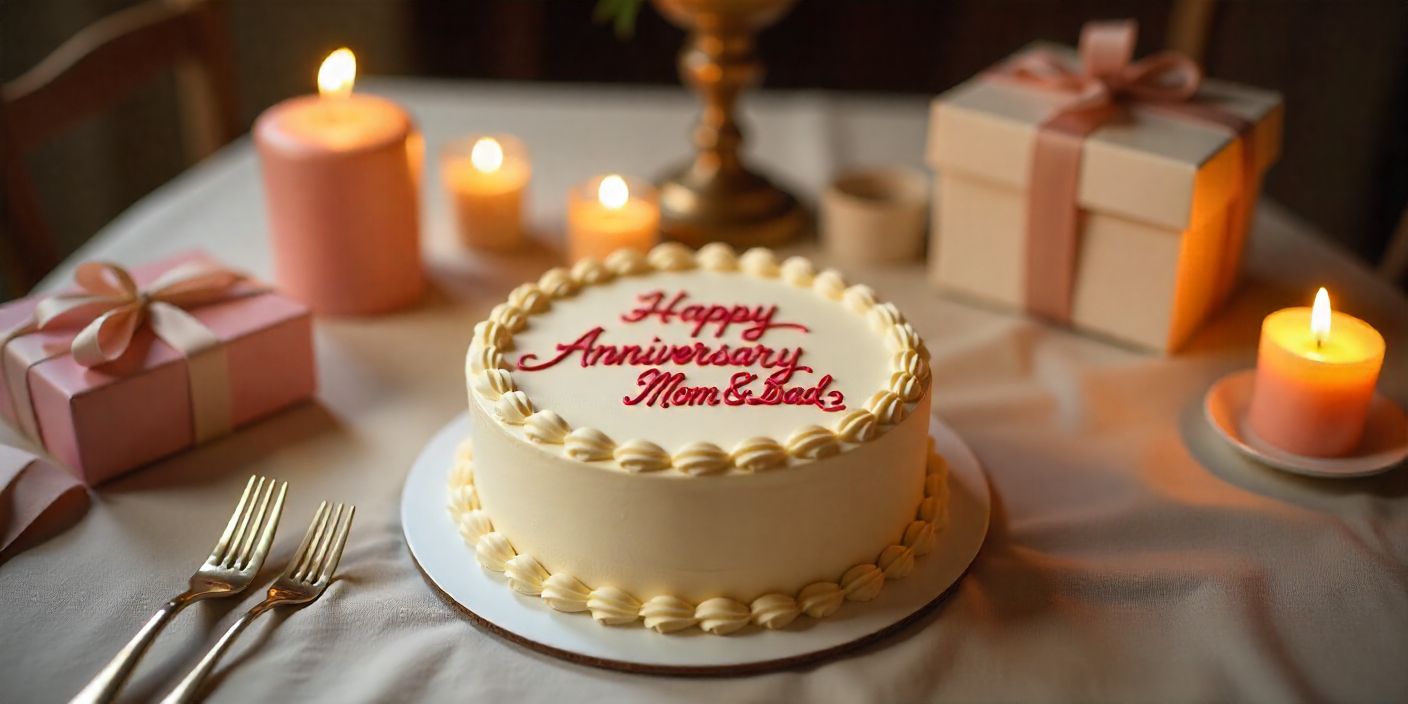 Anniversary cake and gifts on table celebrating parents-in-law’s marriage anniversary.