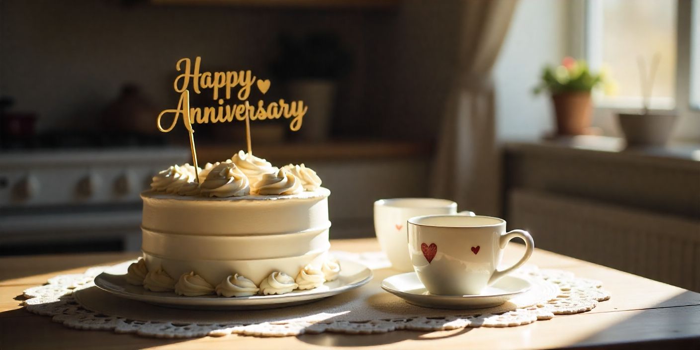 Anniversary cake with topper and coffee mugs for sister and brother-in-law.