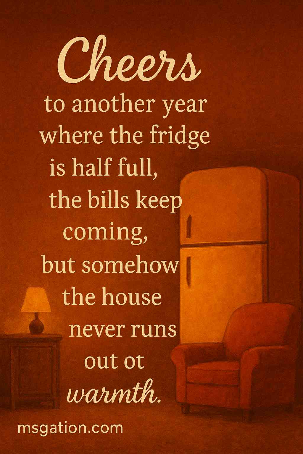 Cheers to another year where the fridge is half full, the bills keep coming, but somehow the house never runs out of warmth.