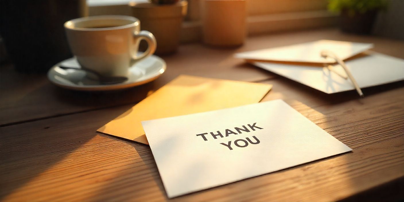 Belated thank you card on desk with envelopes and coffee, expressing gratitude.