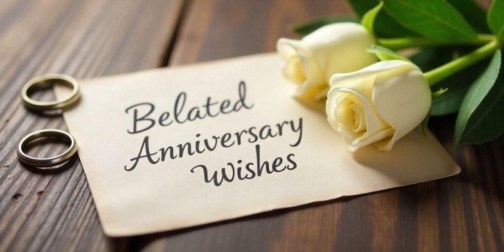 70+ Belated Wedding Anniversary Wishes Belated wedding anniversary card with rings and roses symbolizing love and apology.