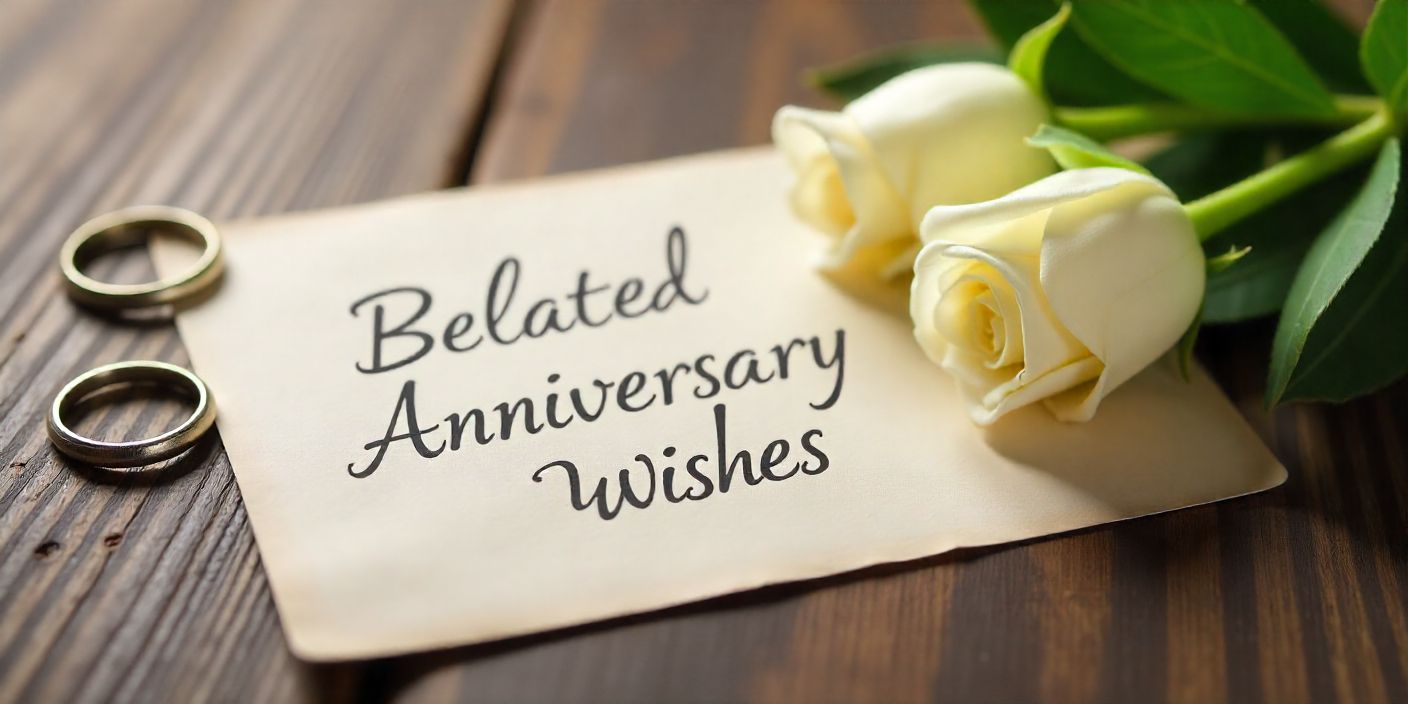 Belated wedding anniversary card with rings and roses symbolizing love and apology.
