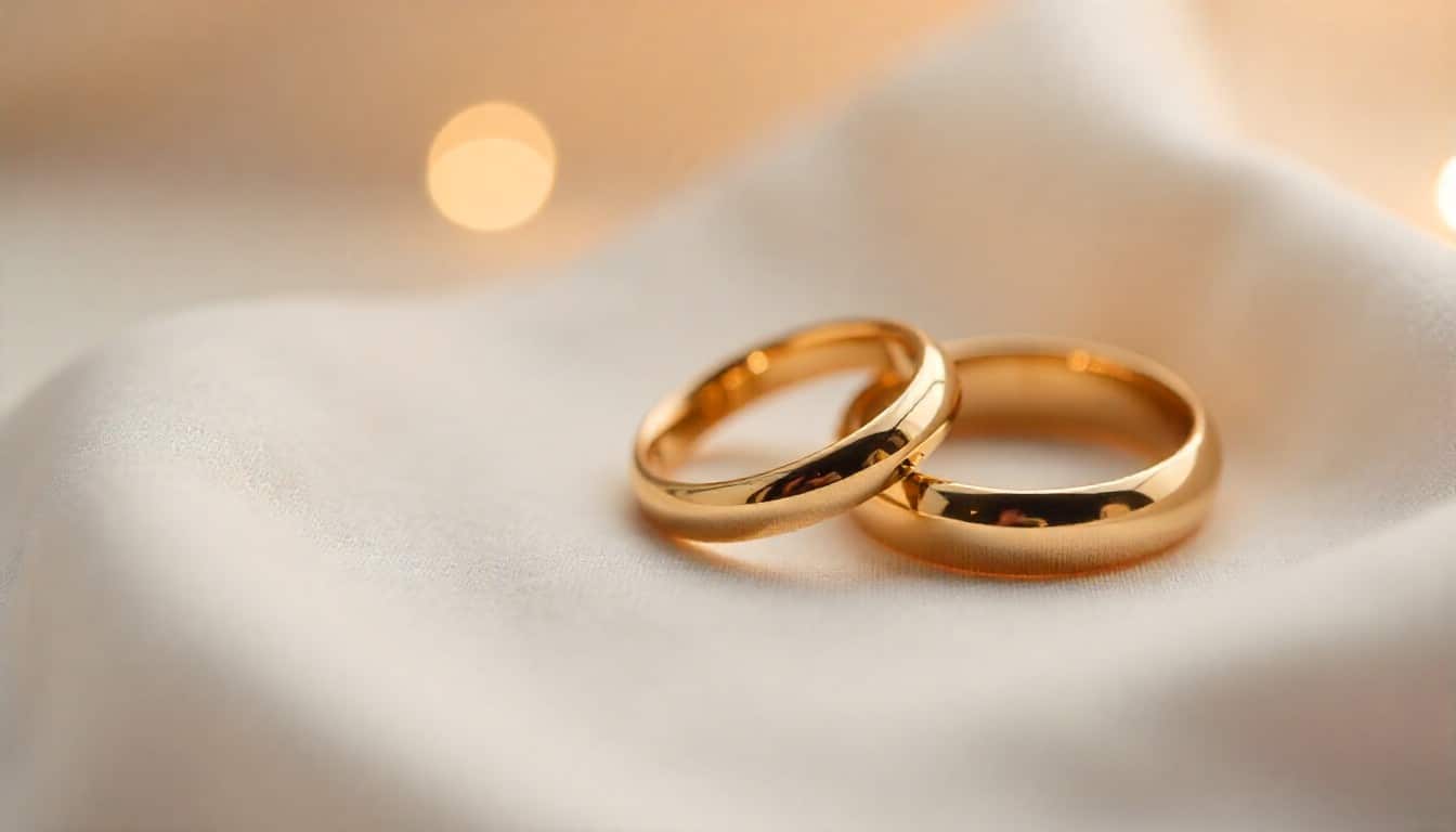 Gold wedding rings on soft background for belated wedding message designs.