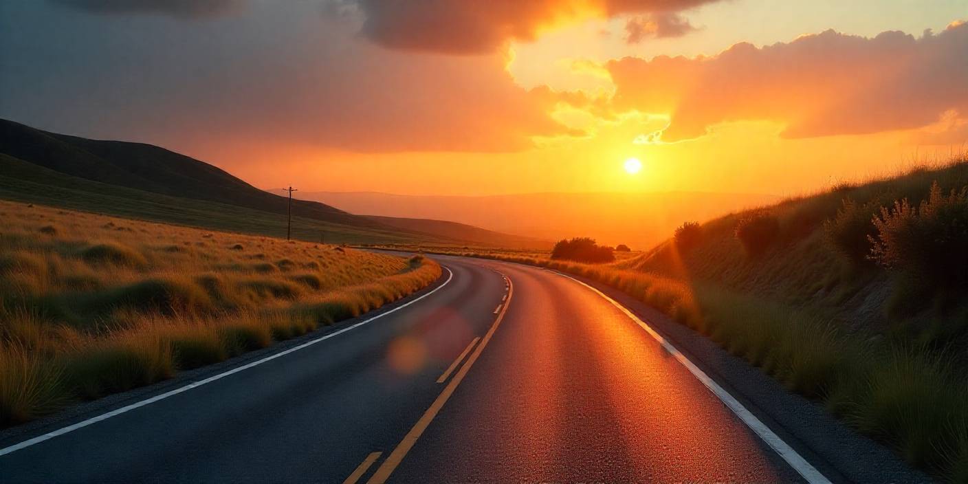 Sunrise over road symbolizing new journey and best wishes for the future.