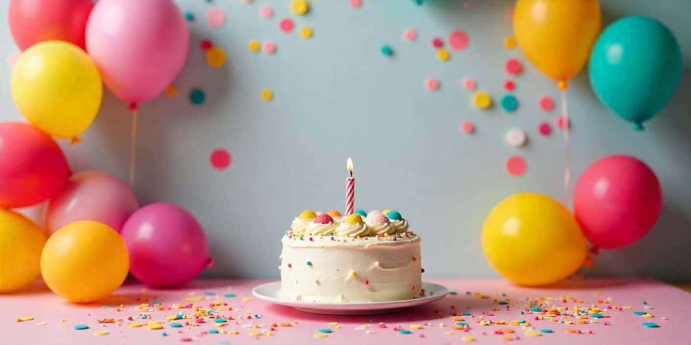 Colorful teenage birthday celebration with balloons and cake.