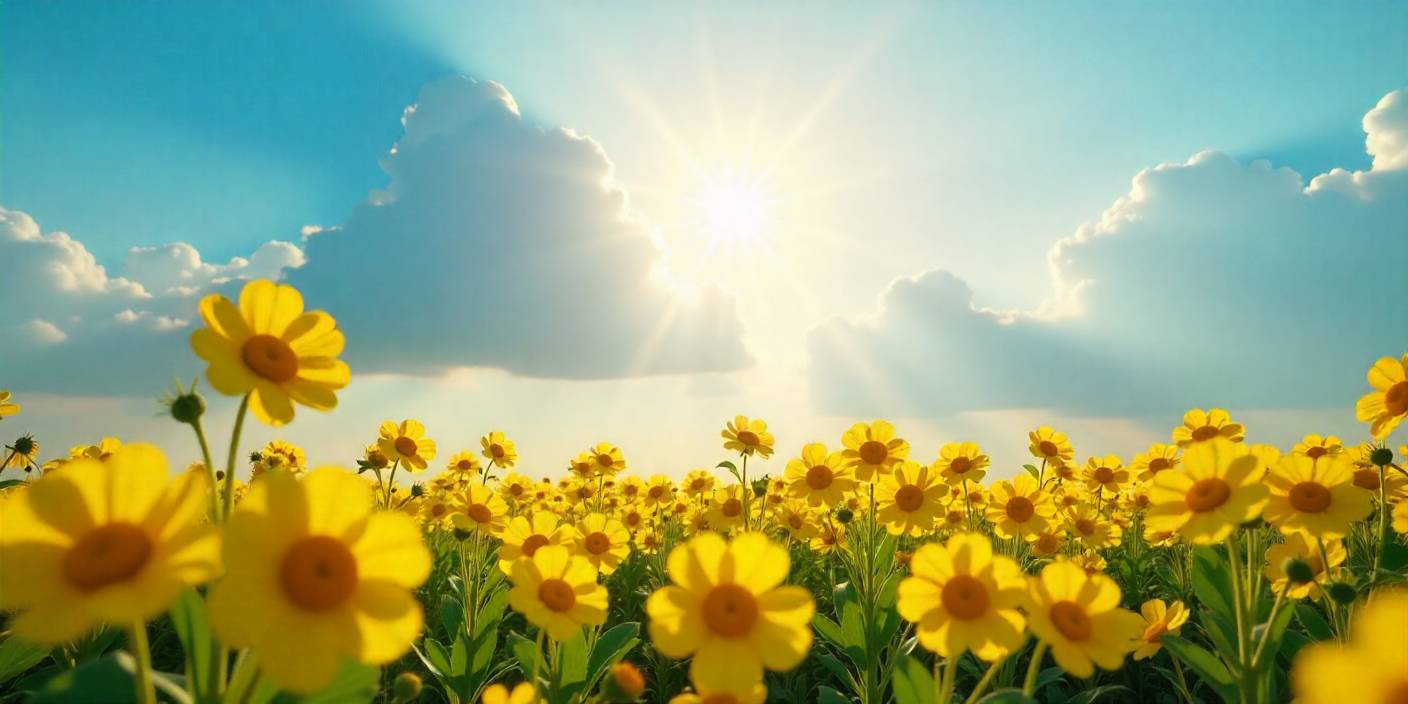 Sunshine over yellow flower field, cheerful and uplifting encouragement image.
