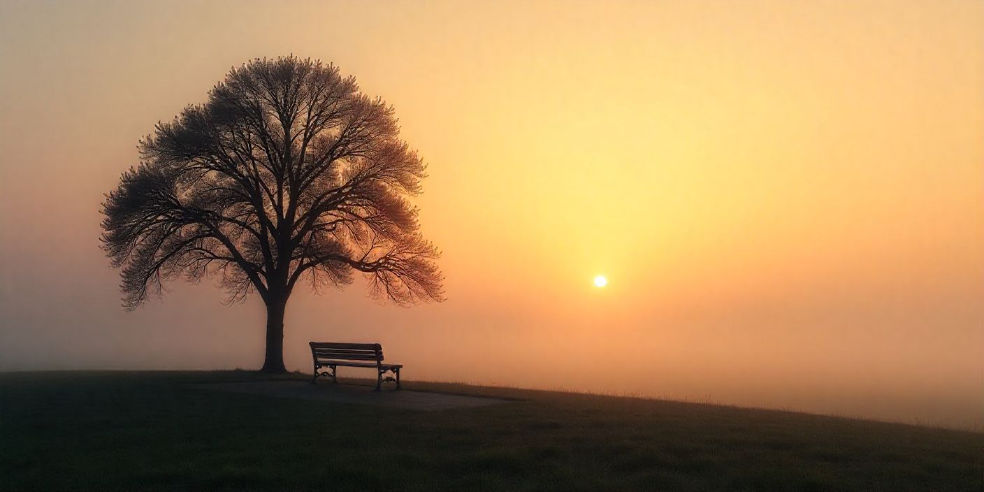 Peaceful sunrise landscape with a single tree and bench symbolizing remembrance and condolence for a lost father-in-law.