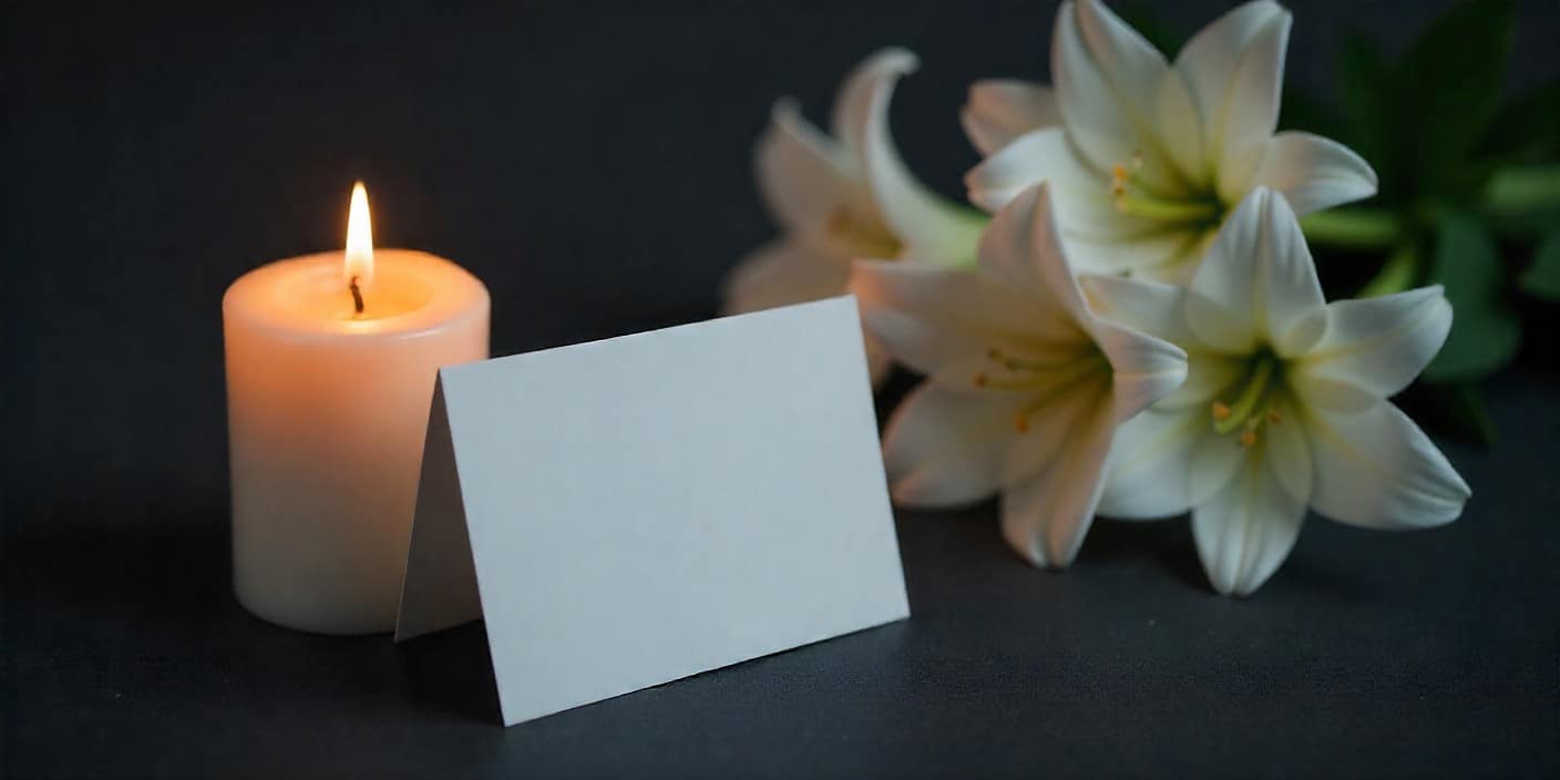Lit candle with white lilies and condolence card expressing sympathy for loss.