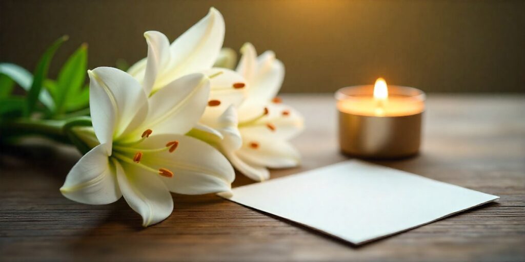 50+ Condolence Messages for Loss of Mother-In-Law Elegant condolence background with white lilies, candle, and sympathy card.