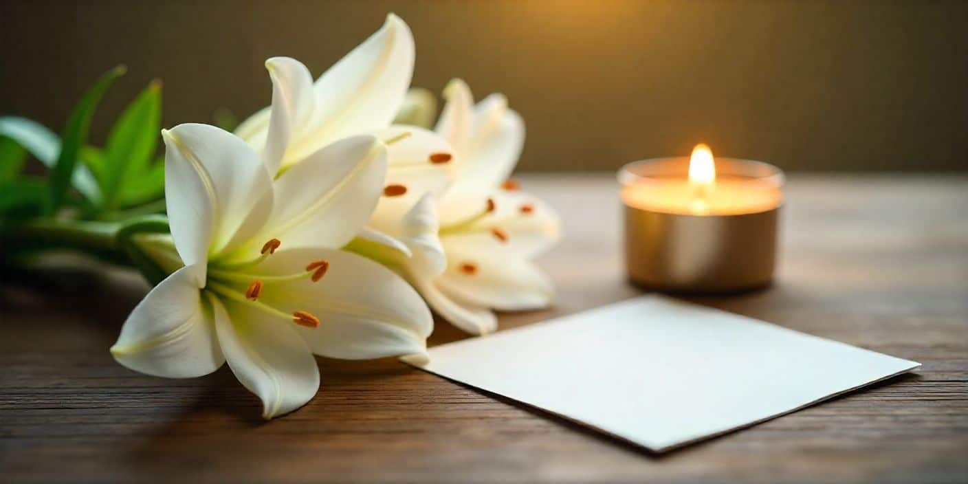 Elegant condolence background with white lilies, candle, and sympathy card.