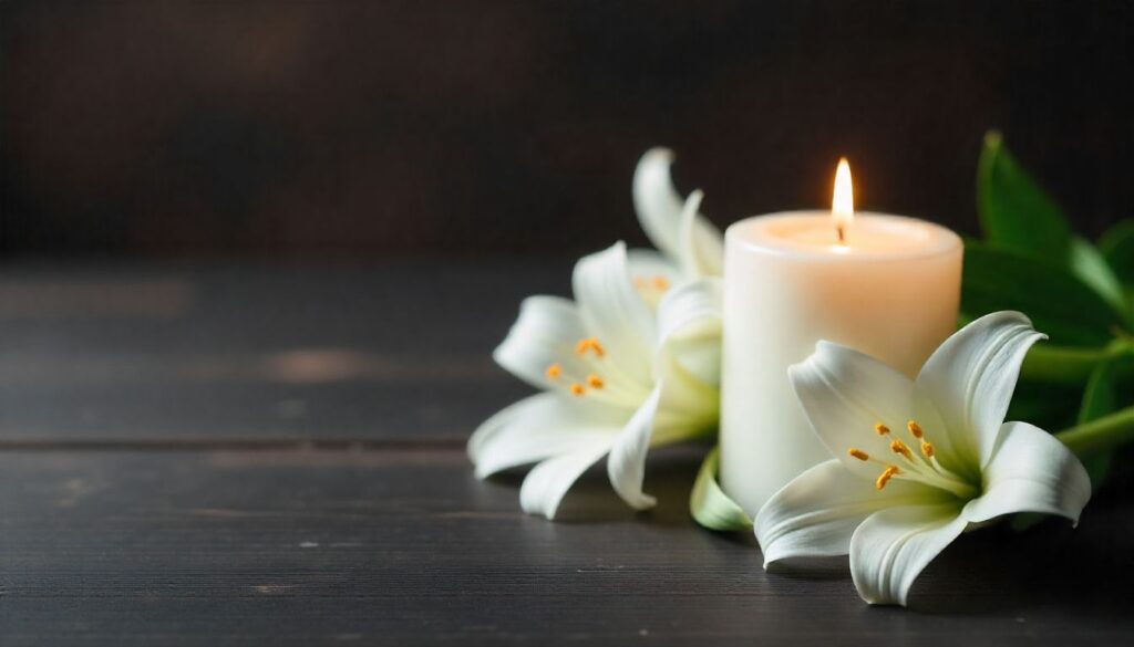 60+ Condolence Messages for Loss of Sister White candle and lilies symbolizing condolence and remembrance for loss of sister.
