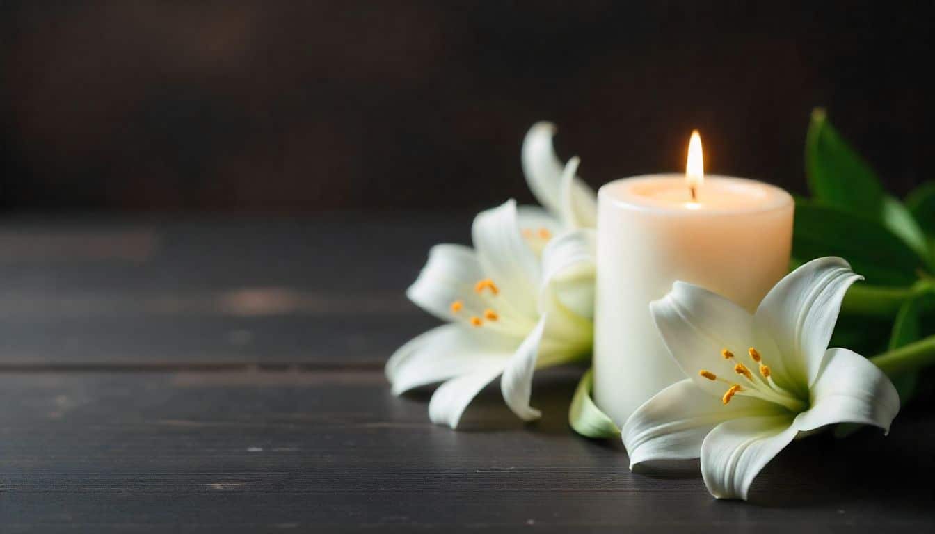 White candle and lilies symbolizing condolence and remembrance for loss of sister.