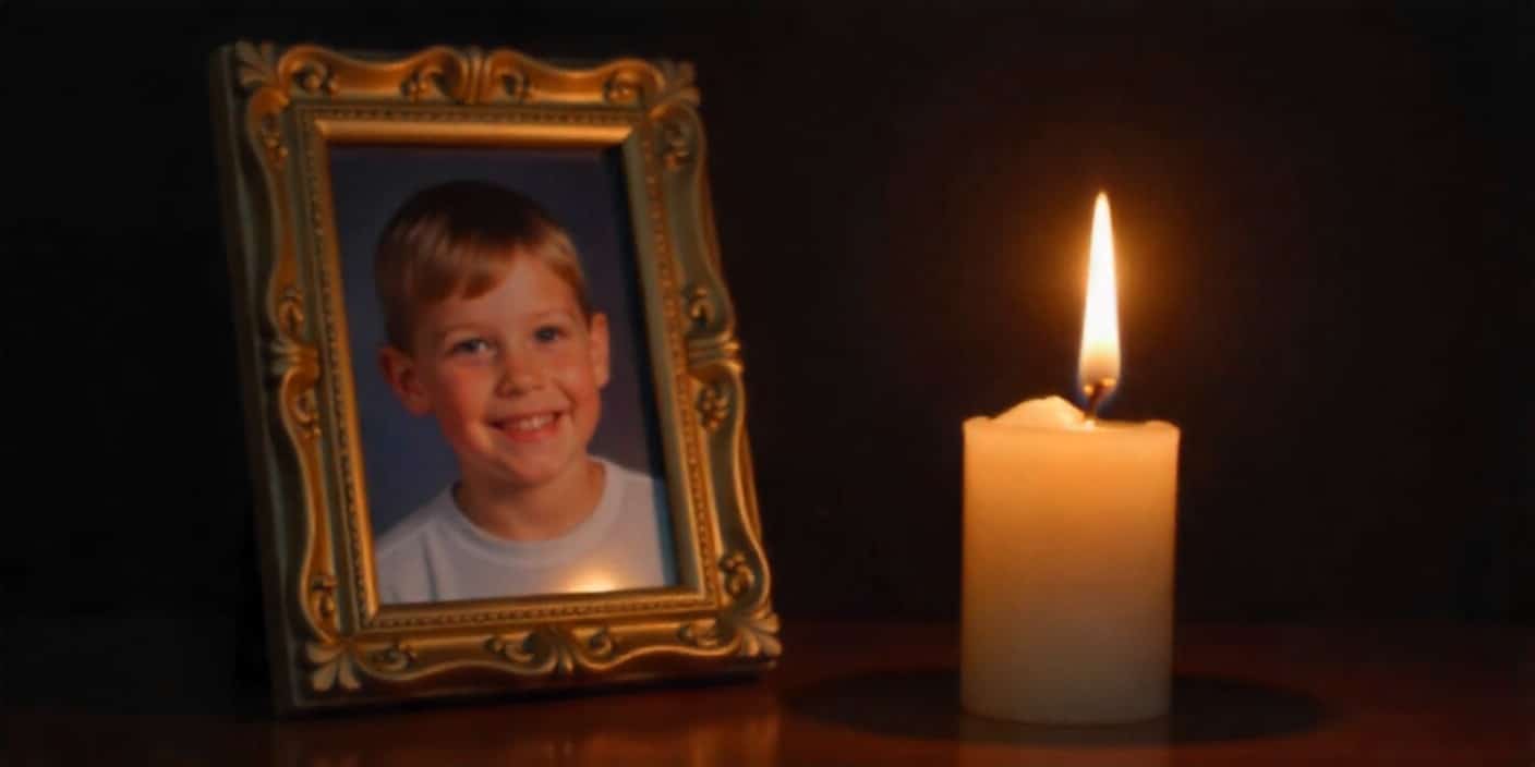 Lit candle beside photo of son, representing sympathy and remembrance after loss.