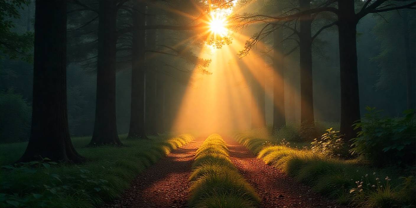 Serene forest path at sunrise representing comfort and remembrance after the loss of an uncle.
