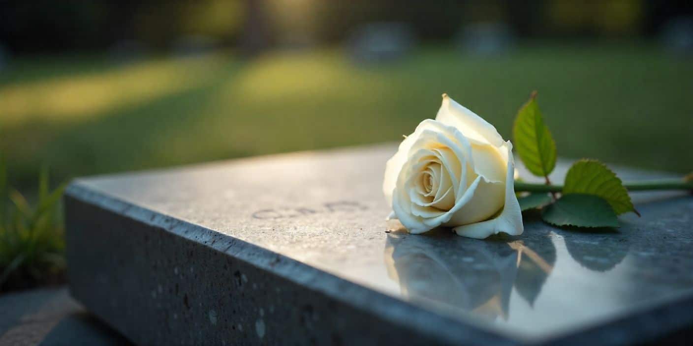 White rose on gravestone in gentle light symbolizing remembrance and condolence.