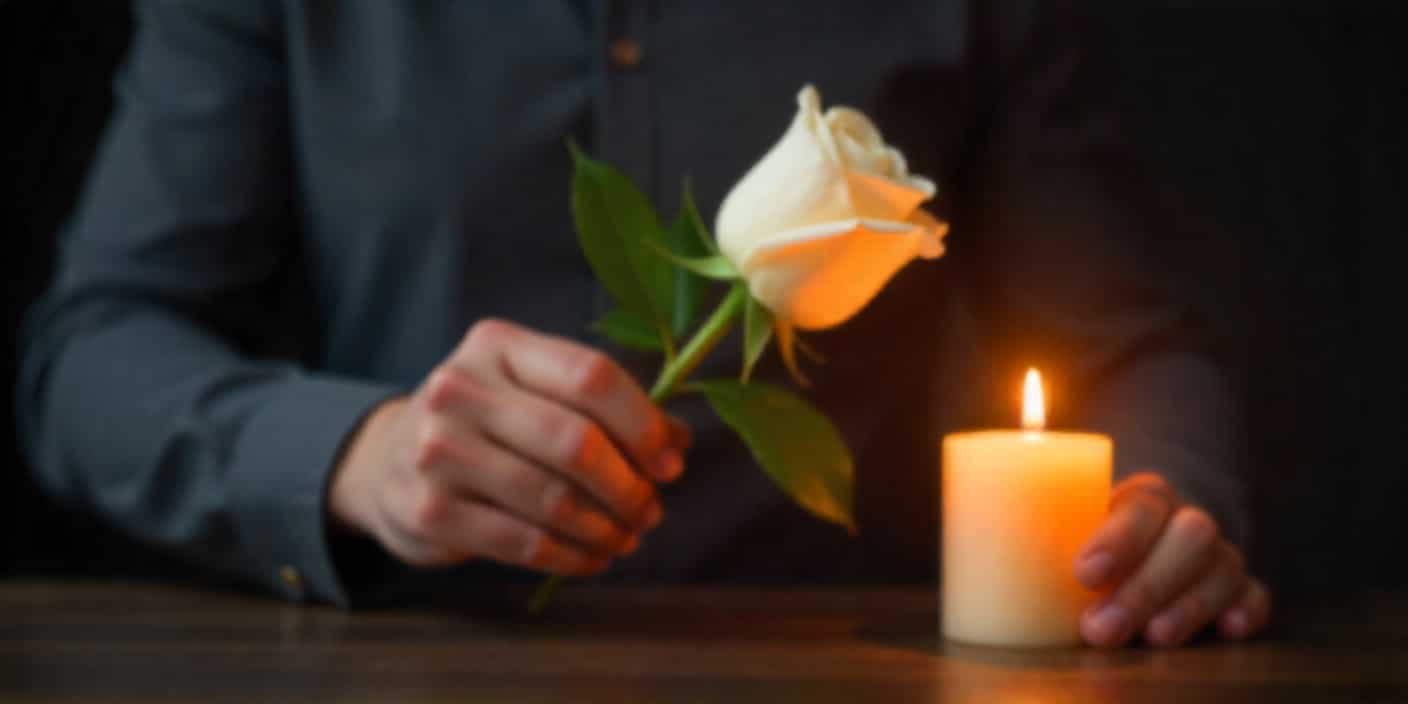 Man holding white rose and candle expressing condolence for loss of friend’s mother.