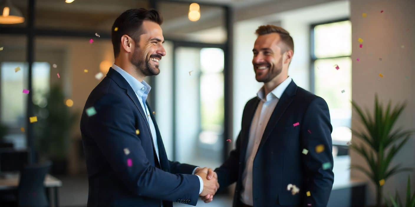 Male employee celebrating job promotion with colleague handshake in modern office.