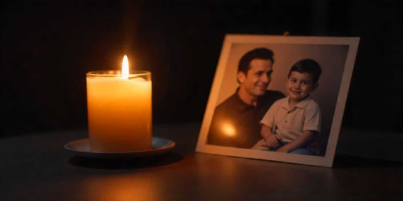 Burning candle next to framed photo symbolizing father’s death anniversary remembrance.