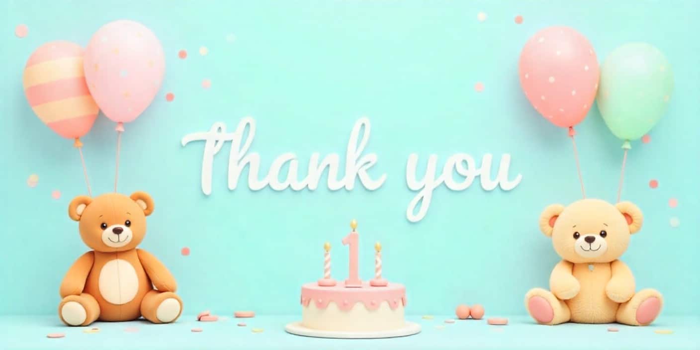 Adorable first birthday thank-you card with balloons and teddy bear.