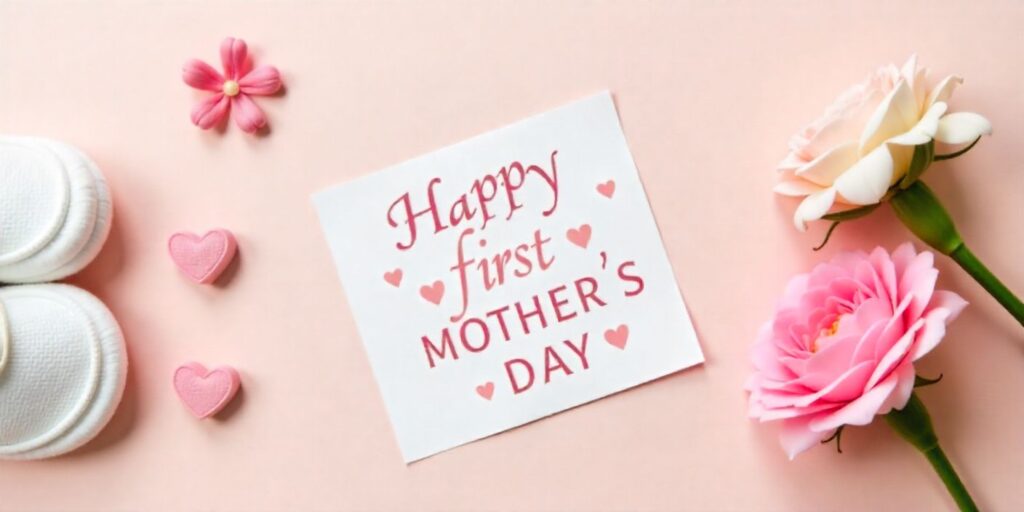 70+ First Mother’s Day Messages - Sweet and Heartfelt Baby shoes and flowers beside a card celebrating first Mother’s Day.