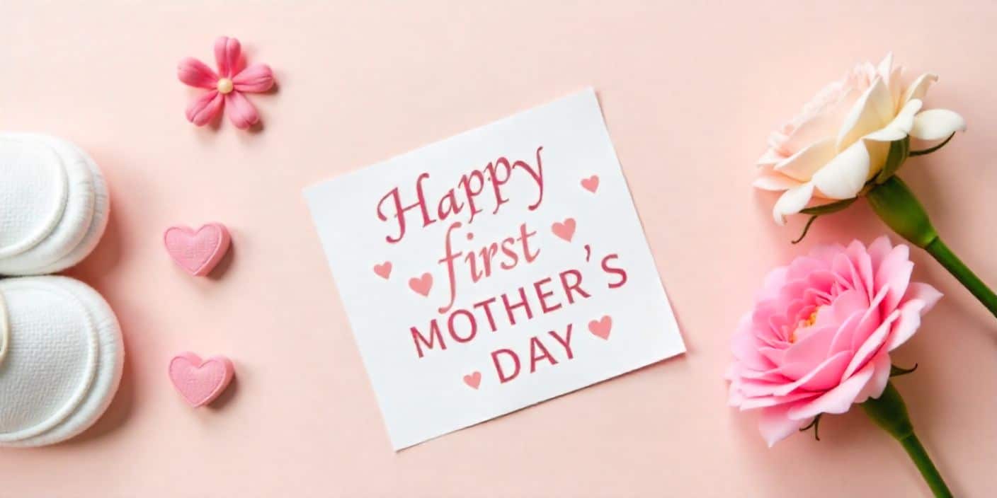Baby shoes and flowers beside a card celebrating first Mother’s Day.