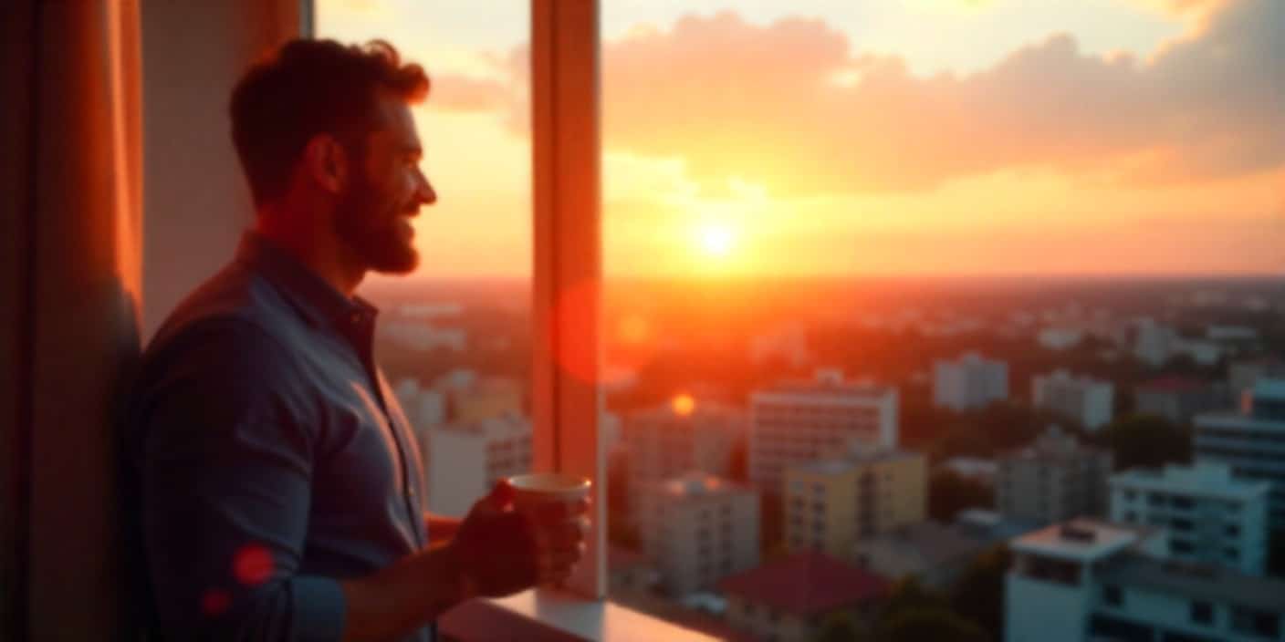 Man enjoying morning coffee by window with sunrise view representing a cheerful Friday morning.