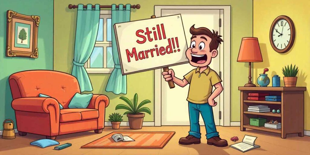 Best 70+ Funny Anniversary Wishes for Wife Funny cartoon of husband holding a “Still Married!” sign celebrating a humorous wedding anniversary.