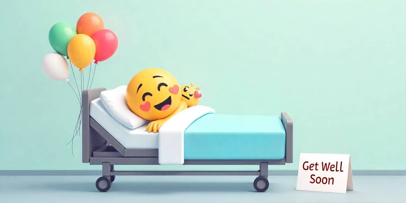 Funny cartoon hospital scene with cheerful decorations for a get well soon message after surgery.