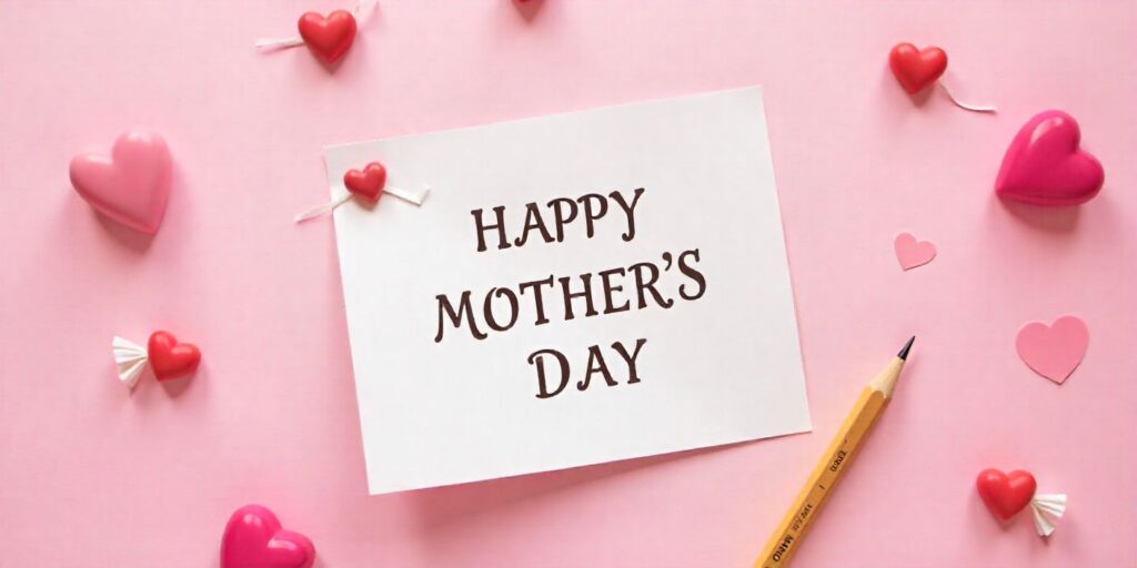 70+ Funny Mother’s Day Messages Funny Mother’s Day message card surrounded by candies and paper hearts.