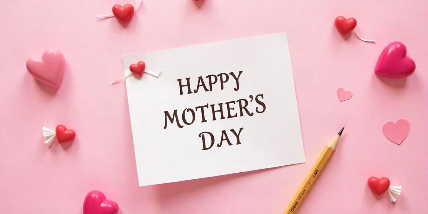 Funny Mother’s Day message card surrounded by candies and paper hearts.