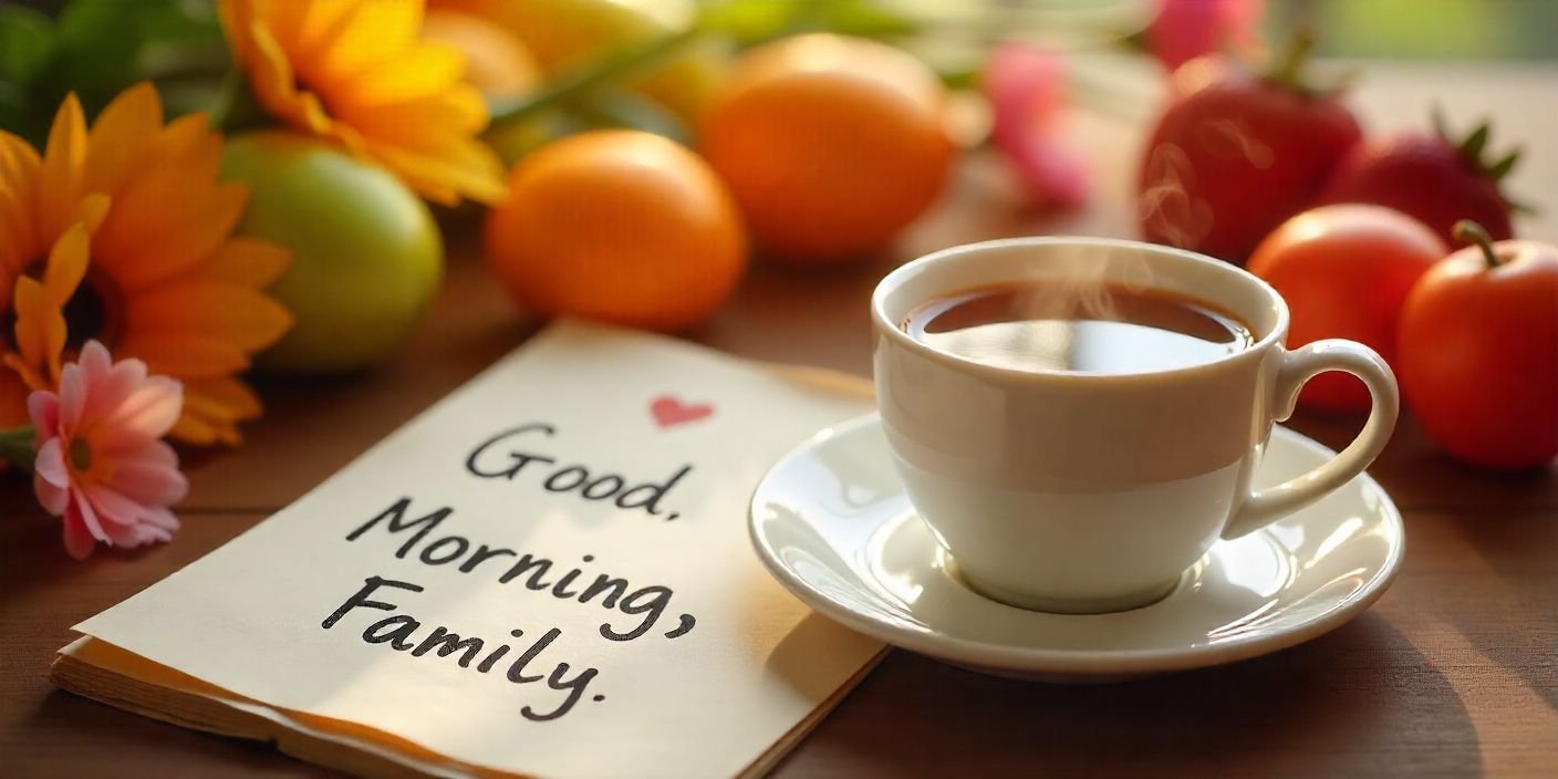 Good morning note beside a tea cup and fruits on a wooden table, representing warm family greetings.