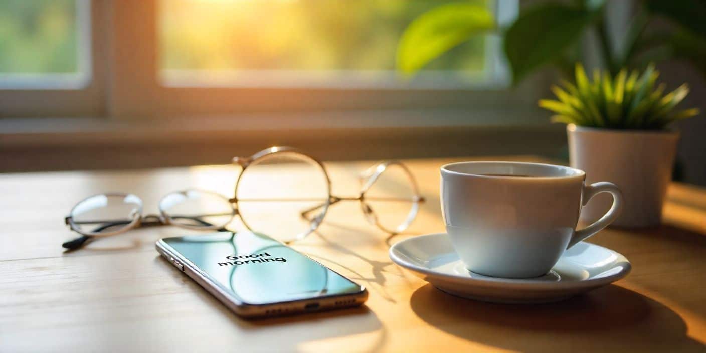 Phone with good morning message beside coffee cup, representing friendly morning greetings.