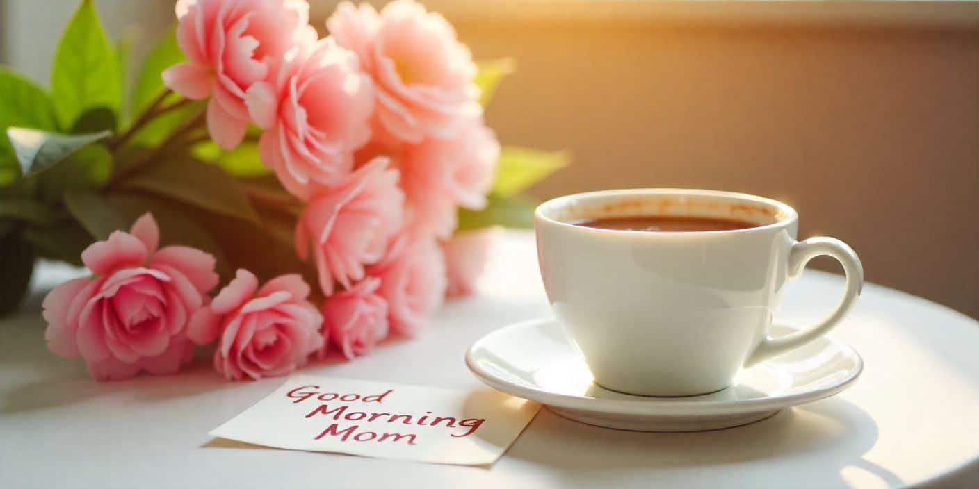 Good morning note for mom beside coffee and flowers on breakfast table.
