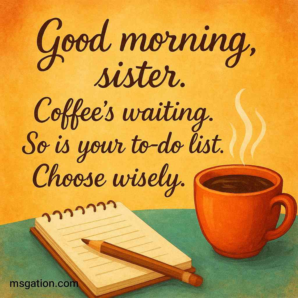 Good morning, sis. Coffee’s waiting. So is your to-do list. Choose wisely.