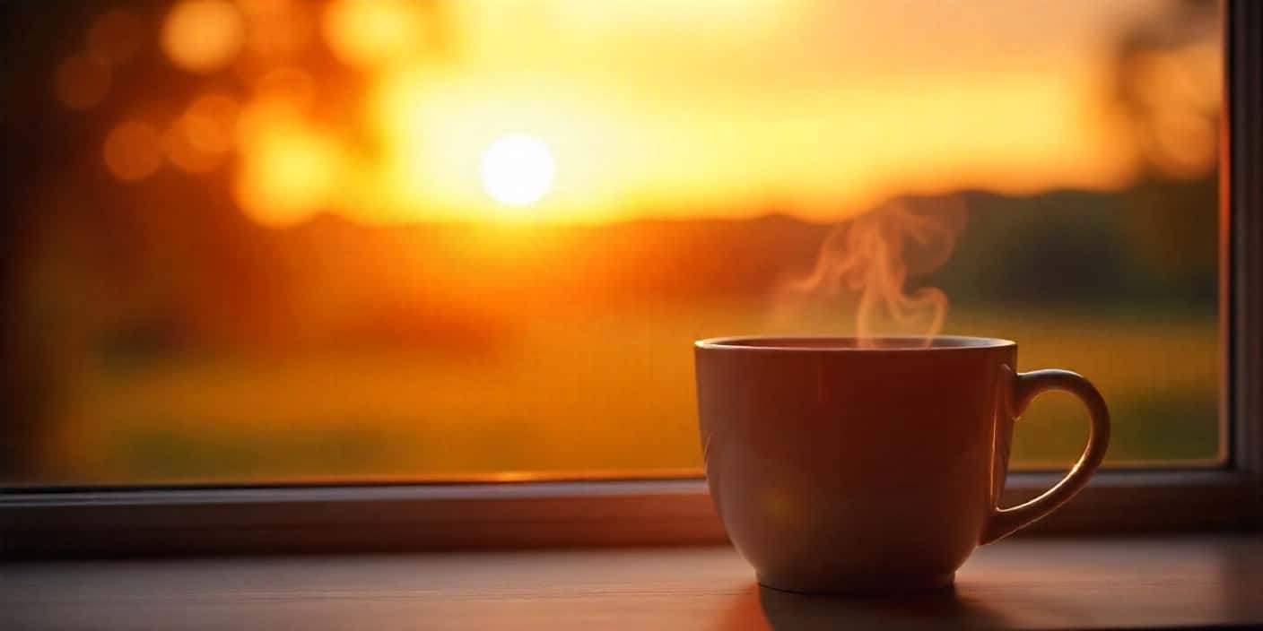 Romantic sunrise scene with coffee cup symbolizing morning greetings for loved ones.