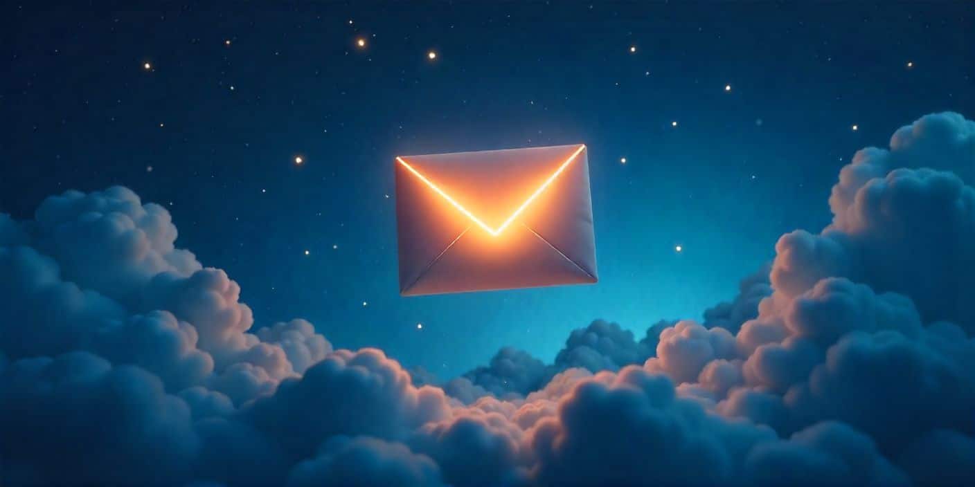 Magical night sky with stars and floating glowing envelope, for romantic good night messages.