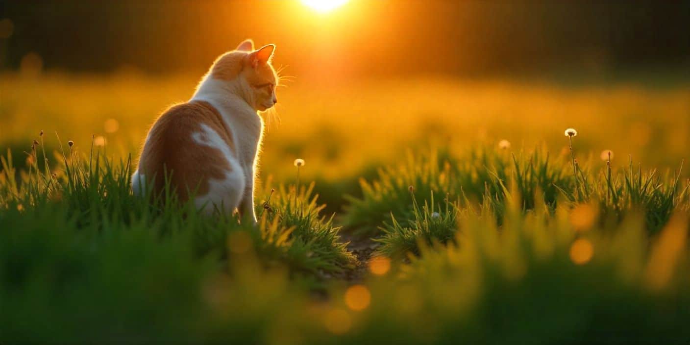 Fading pawprints in sunset field representing goodbye to a beloved cat.