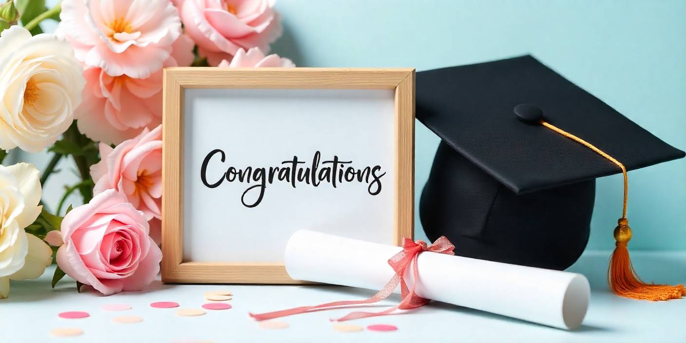 Graduation cap and diploma beside congratulatory message and flowers.