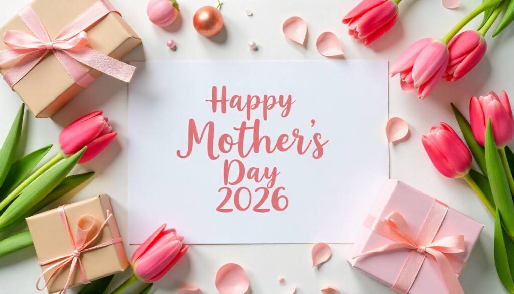 80+ Happy Mother’s Day 2026 Messages Mother’s Day 2026 greeting card with tulips and gifts on table.
