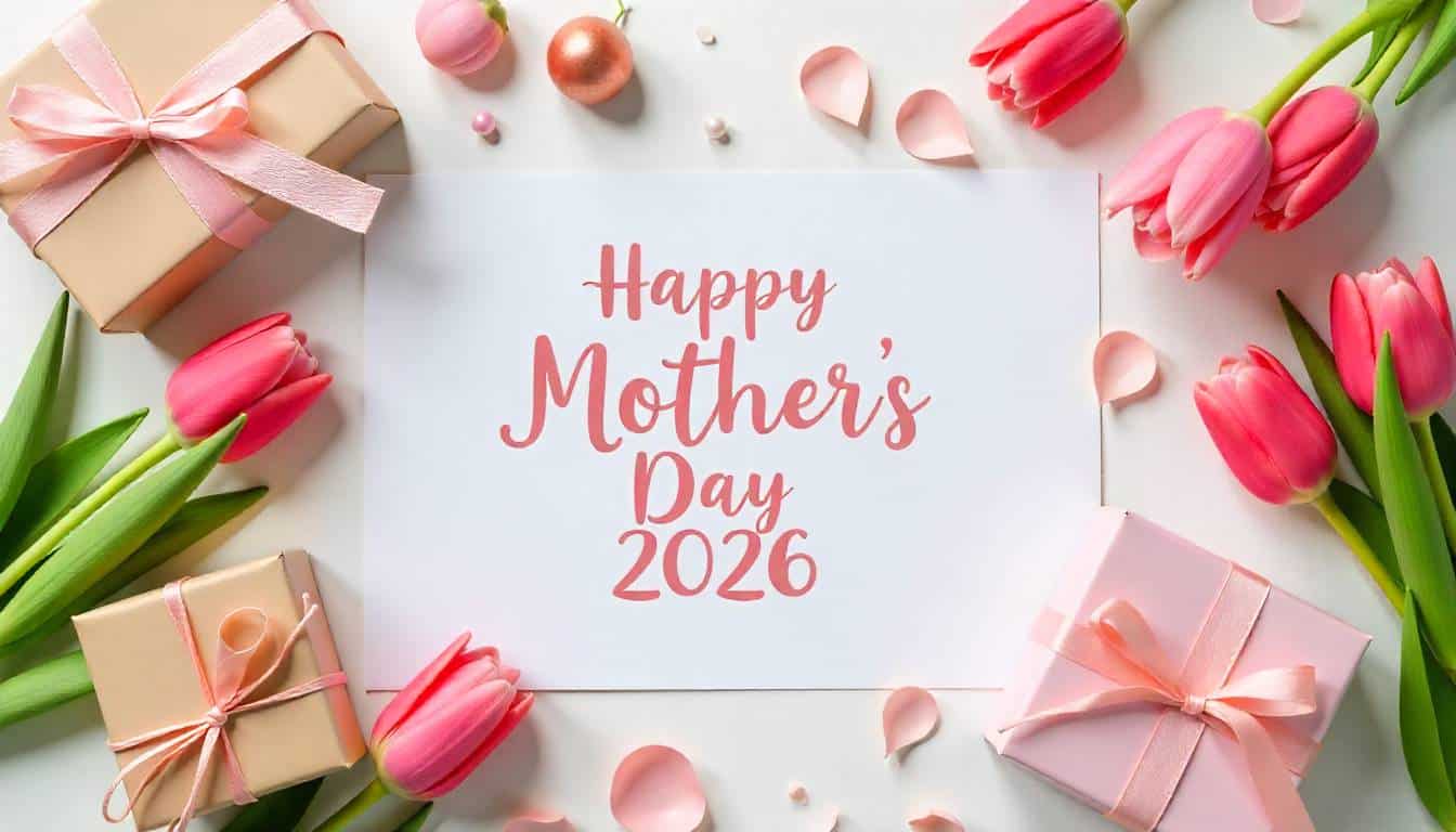 Mother’s Day 2026 greeting card with tulips and gifts on table.