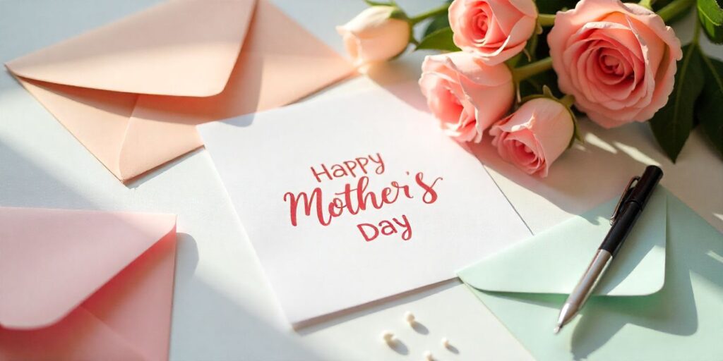 50+ Happy Mother’s Day Card Messages Beautiful handmade Mother’s Day cards with flowers and envelopes on a table.