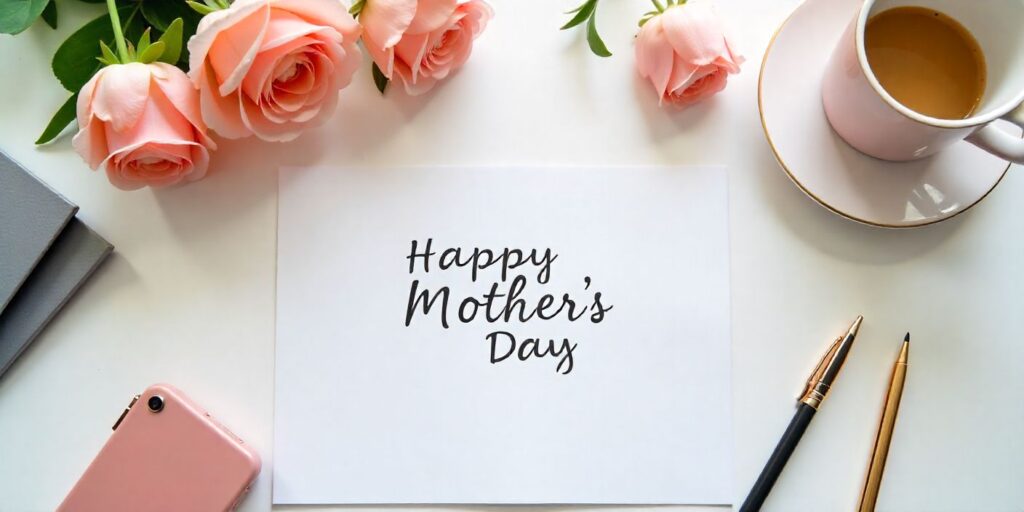 60+ Happy Mother’s Day Corporate Messages Corporate desk with Mother’s Day card, flowers, and office setup.