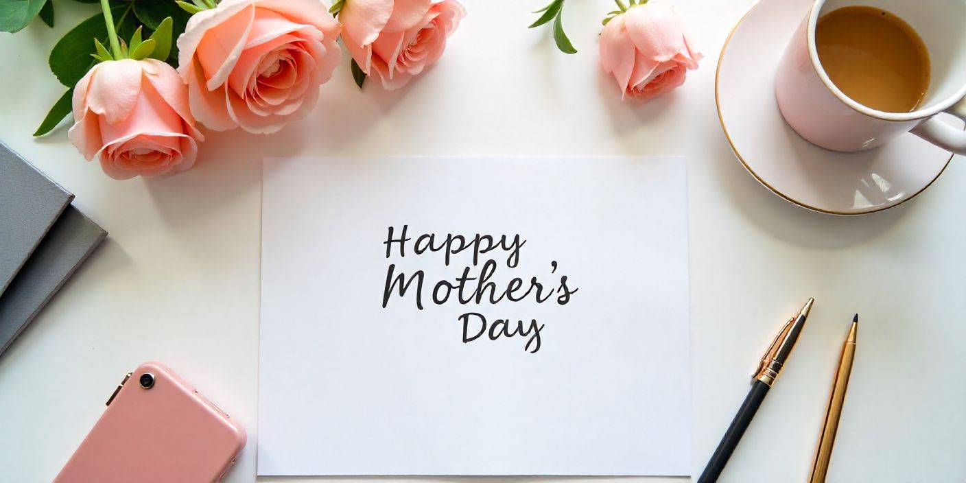 Corporate desk with Mother’s Day card, flowers, and office setup.