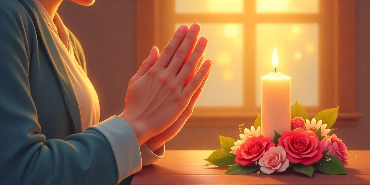 Folded hands in prayer beside candle and flowers for Mother’s Day blessings.