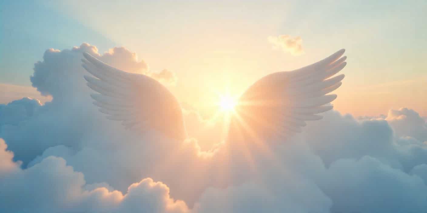 Heavenly sky with angelic clouds and sunlight symbolizing love and remembrance on Mother’s Day in heaven.