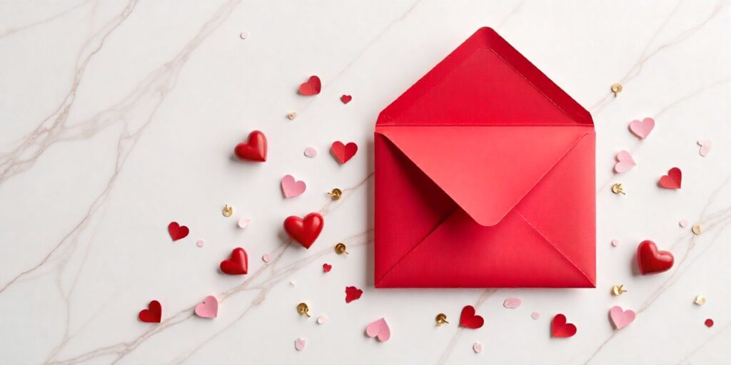 65+ Happy Valentine’s Day Reply Messages Valentine’s Day card and envelope with hearts, symbolizing appreciation and reply messages.